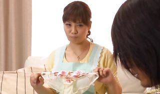 Ravishing asian maiden Karen Natsuhara is gently fingering her cuchy while guy is getting ready to fuck her