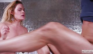 Spicy blonde girlie Blaten Lee eagerly sucks and fucks a long meat rocket